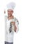 Attractive young caucasian man chef , cheering