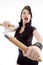 Attractive young female holding nunchaku