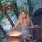 Attractive young girl with blond hair with an amazing lush wreath on her head in the forest, preparing potion in cauldro