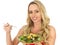 Attractive Young Happy Woman Eating a Fresh Healthy Prawn Salad