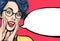 Attractive young sexy woman is announcing, telling a secret, shouting or yelling. Advertising poster of comic lady saying W