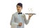 Attractive young waiter in a shirt raised in hand a tray with glasses