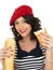 Attractive Young Woman Eating a French Stick Bread Loaf