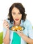 Attractive Young Woman Holding a Plate of Seafood Linguine