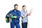 Attractive young woman and man  in cleaning uniform and rubber gloves holding a basket cleaning products in his hands,