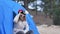 Attractive young woman tourist in a red hat sits in a tourist tent and enjoys a virtual reality helmet