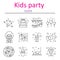Attributes accessories drinks entertainment venue for children`s holiday. Set of icons of kids party.