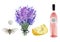 Attributes of France. Lavender bouquet, cheese, vine, cicada fly, petanque ball. Watercolour illustration isolated on