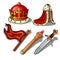 The attributes of the king. Crown, mantle, banner, scepter, and sword. Vector illustration.