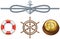 Attributes of marine theme vector set isolated rope, lifebuoy, vintage compass and steering wheel