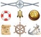 Attributes of marine theme vector set isolated rope, lifebuoy, vintage compass and steering wheel