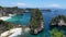 The Atuh beach, Nusa Penida island near Bali, Indonesia. Aerial view at sea and cliff. Turquoise water background from