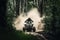 atv rider speeding through dense forest, whipping past trees and bushes