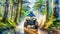 ATV rider splashes through a forest trail, merging adventure with natureâ€™s tranquility