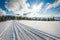 ATV and ski tracks in snow on frosty winter day