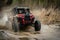 ATV/UTV/4x4 driving throw splashing past a muddy large puddle in forest