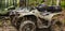 Atv vehicles standing in forest profile view