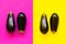 Aubergines colorful composite isolated in fuchsia and yellow background viewed from above