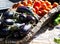 Aubergines and tomatoes at the marketplace