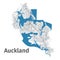 Auckland map. Detailed map of Auckland city administrative area. Cityscape panorama