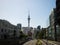 Auckland Sky Tower seen from Wellesley Street East corner Symonds Street Science Centre New Zealand Aotearoa