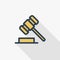 Auction hammer, law and justice symbol, verdict thin line flat color icon. Linear vector symbol. Colorful long shadow