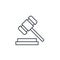 Auction hammer, law and justice symbol, verdict thin line icon. Linear vector symbol