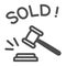 Auction hammer with sold text line icon, finance concept, hitting wooden gavel in auction sign on white background