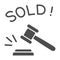 Auction hammer with sold text solid icon, finance concept, hitting wooden gavel in auction sign on white background