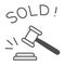 Auction hammer with sold text thin line icon, finance concept, hitting wooden gavel in auction sign on white background