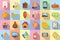 Auction icons set flat vector. Online charity