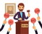 Auction with man holding gavel and people raised hands with bid paddles vector concept
