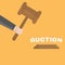 Auctioneer hold gavel in hand. Buyers competitive raising arm holding bid paddles with numbers of price. Auction bidding businessm