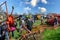 Auctioneer selling farming equipment at outdoor auction at Standerwick Market, Frome, Somerset, UK