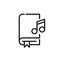 Audio book icon. Book with bookmark and musical notes. Electronic library. Pixel perfect, editable stroke