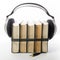 Audio book Stack of hardback books and electronic reader. Electronic library concept. Back to school. Copy space