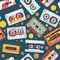 Audio cassette pattern. Stereo mixtape record music items funky style retro fashioned vector seamless background 90s