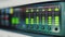 Audio equalizer bars moving on electronic panel, music control levels on desk