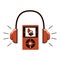 Audio guide icon. Headphones and a device with control buttons. On the screen, a dinosaur skeleton. Audio accompaniment