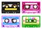 Audio record tapes, retro 90s music. Plastic colorful cassette with music mix. Old recording technology, 80s equipment