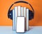 Audiobooks concept. Headphones put over book on orange and white background. Smart phone. Mobile phone