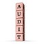 Audit Word Sign. Vertical Stack of Rose Gold Metallic Toy Blocks