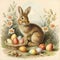 Audubons Cottontail rabbit sitting beside a basket of Easter eggs