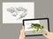 Augmented reality. AR. The skeleton of the frog is complemented by a real image on the tablet screen. Hands hold a gadget. Vector