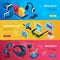 Augmented reality. Isometric virtual reality wireless headset communication banners vector illustration