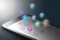 Augmented reality marketing concept. Black color smart phone with minimalistic design shapes, bright color spheres. AR