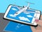 Augmented reality. New technologies for presentation. The plane flies over the clouds. Visualization of drawing on paper. Vector