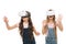 Augmented reality technology. Virtual reality is exciting. Girls little kids wear vr glasses white background. Virtual