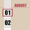 august 1. 1th day of month, calendar date.Beige background with white stripe and red square, with changing dates