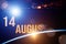 August 14th. Day 14 of month, Calendar date. The spaceship near earth globe planet with sunrise and calendar day. Elements of this